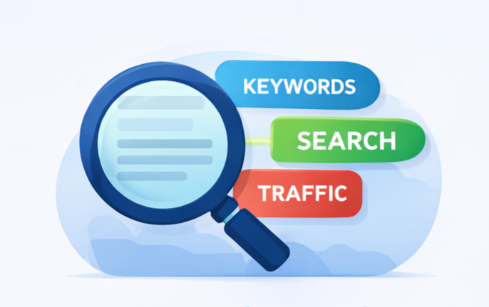 Vector illustration of keyword research with magnifying glass examining keyword tags and search terms.