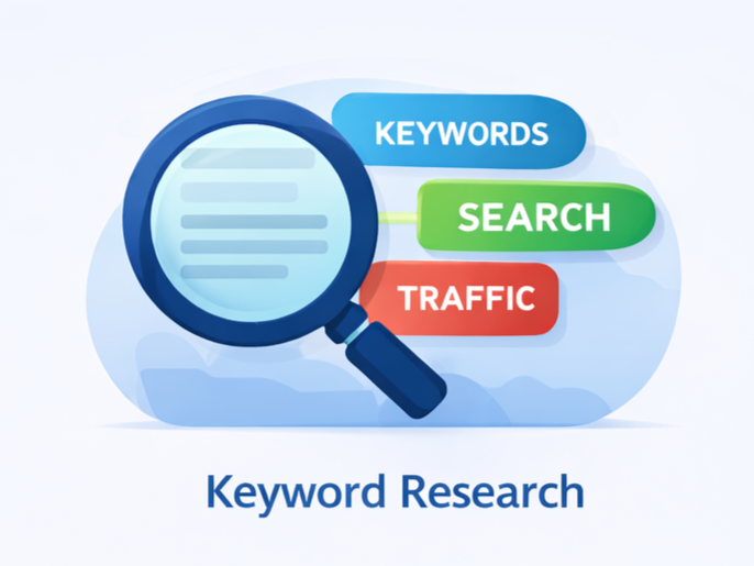 Vector illustration of keyword research with magnifying glass examining keyword tags and search terms.