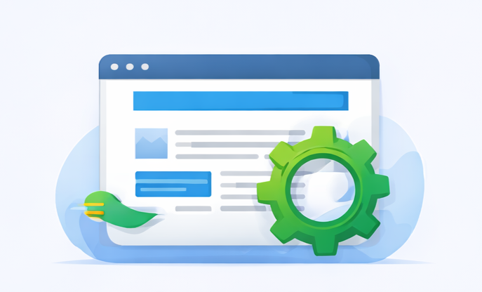 Flat vector illustration of on-page SEO showing website content optimization and settings in a browser window.