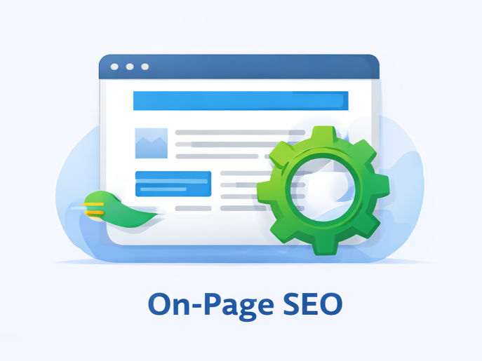 Flat vector illustration of on-page SEO showing website content optimization and settings in a browser window.