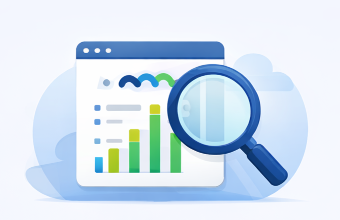 Flat vector illustration of an SEO audit showing a magnifying glass analyzing website performance charts and analytics dashboard.