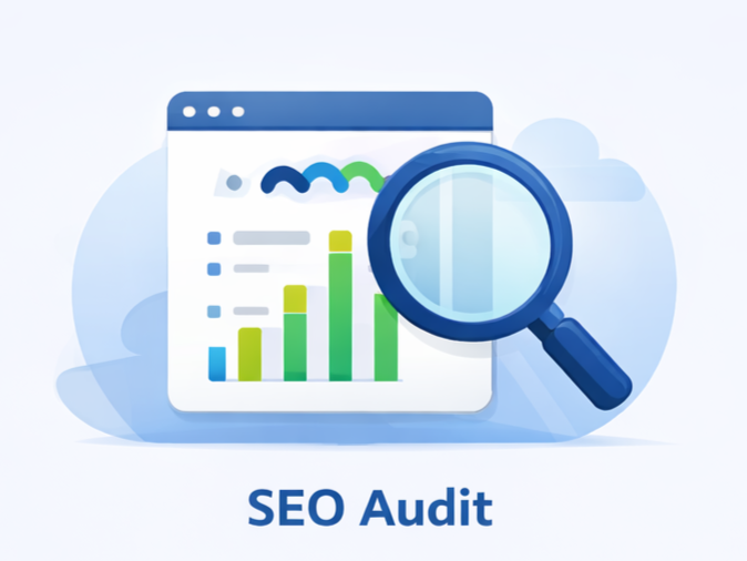 Flat vector illustration of an SEO audit showing a magnifying glass analyzing website performance charts and analytics dashboard.