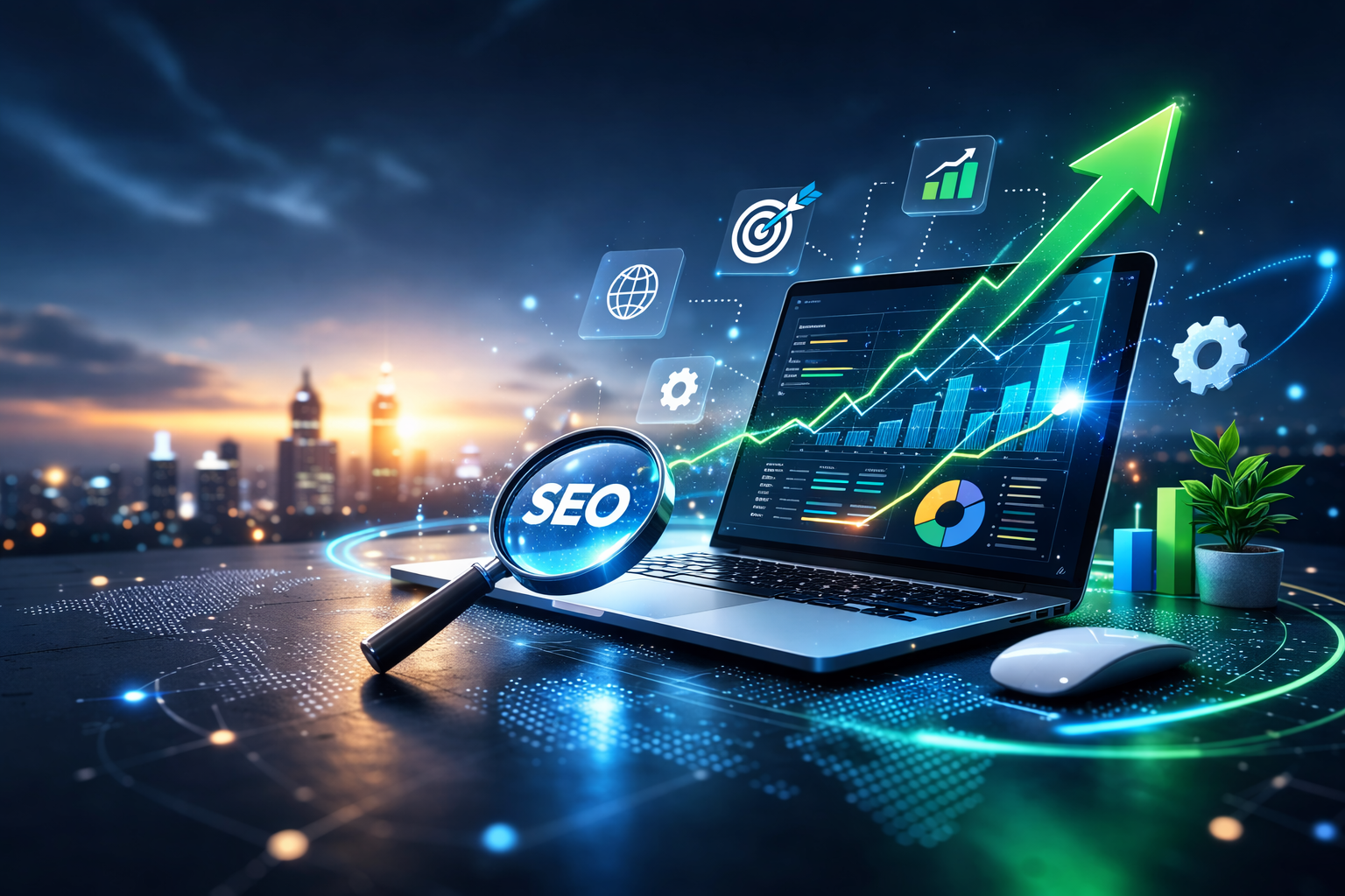 Laptop showing SEO analytics dashboard with upward growth chart, magnifying glass, and digital marketing icons representing search engine optimization and business growth