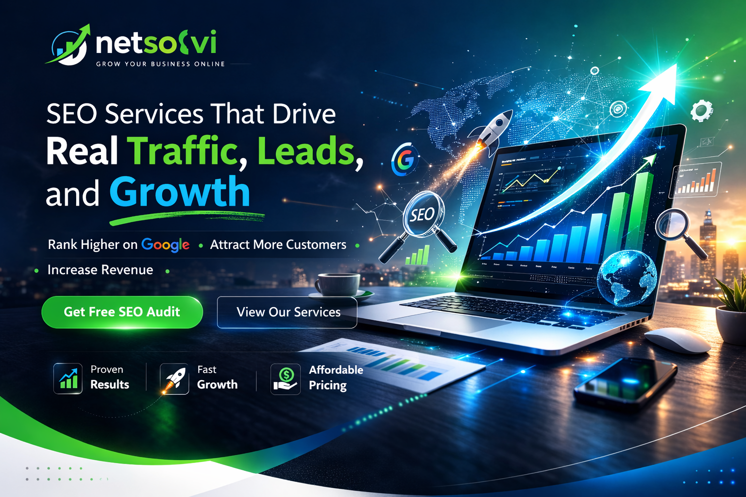 Laptop showing SEO analytics dashboard with upward growth chart, magnifying glass, and digital marketing icons representing search engine optimization and business growth