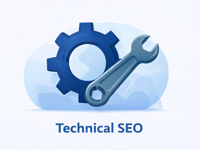 Vector illustration of technical SEO showing gears and tools representing website backend optimization.