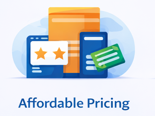 Vector illustration showing affordable SEO pricing with documents, ratings, and pricing cards.