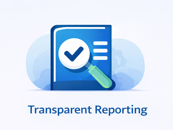Flat vector illustration of transparent SEO reporting with checklist and magnifying glass showing performance verification.